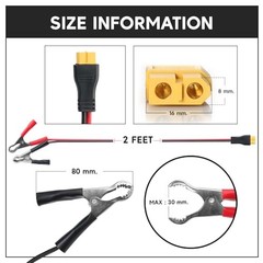 XT60 Connector Cable to Alligator Clip, 12AWG 12V Battery Clamp to 12AWG-2FT