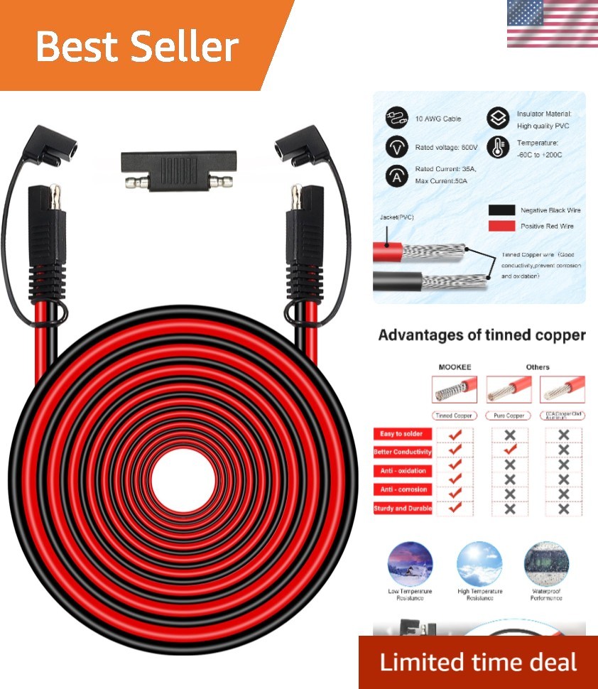 50FT 10 AWG SAE Extension Cable with Polarity Adapter for Solar & Automotive Use