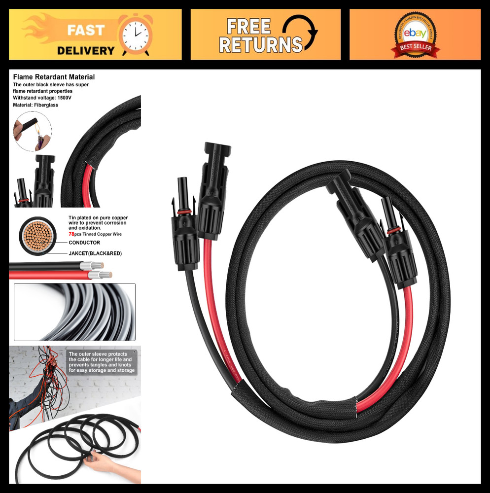 3FT 10AWG Solar Panel Extension Cable with Male & Female Connectors, Solar Wirin