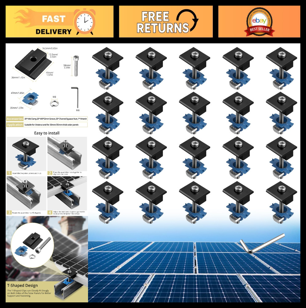 20pcs Solar Panel Mid Clamps Mounting Kit for Metal/Tin/Flat Roofs, RV, Black