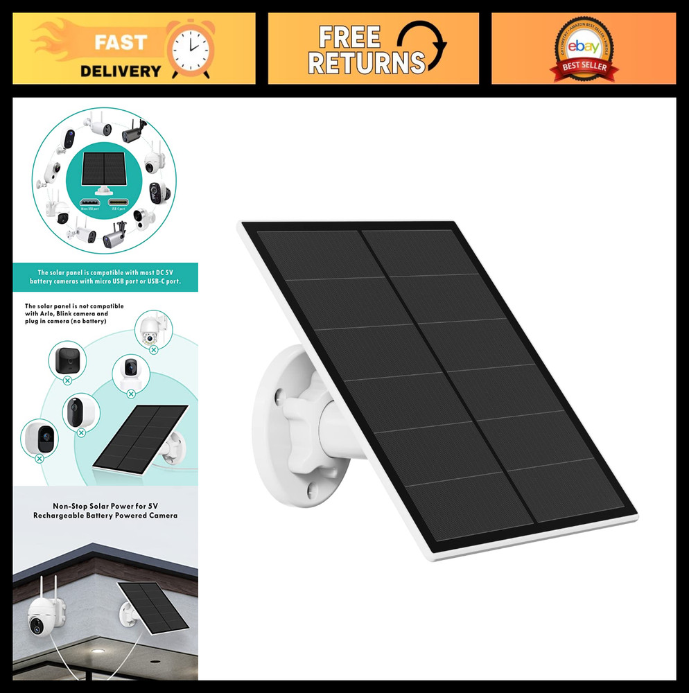5W Solar Panel Charger for Outdoor Security Camera, IP65 Waterproof, 9.8ft Cable