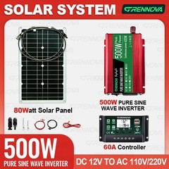 Grennova 500W Pure Sine Solar Kit 80W 60A MPPT 12V 110/220V Inverter Home Backup