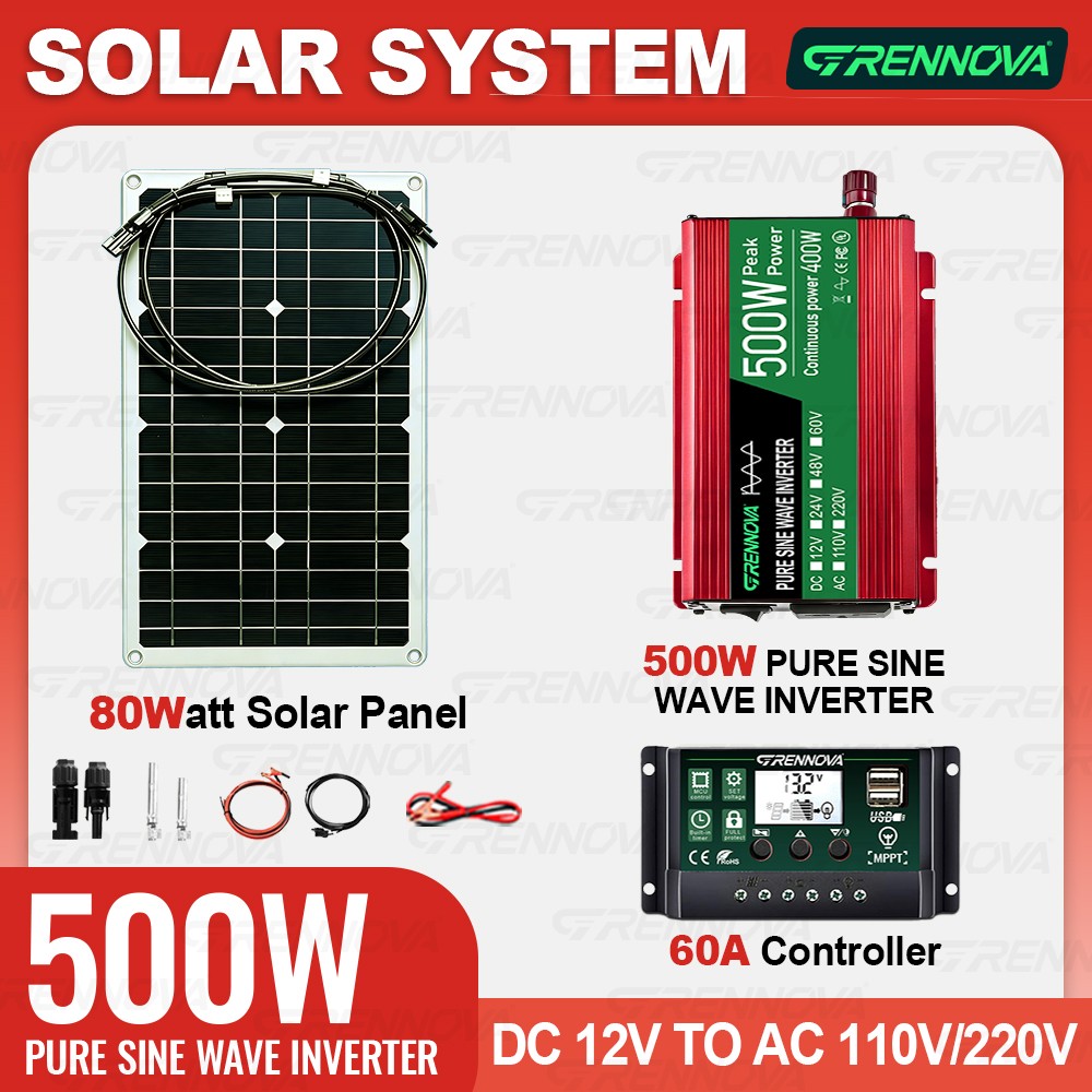 Grennova 500W Pure Sine Solar Kit 80W 60A MPPT 12V 110/220V Inverter Home Backup