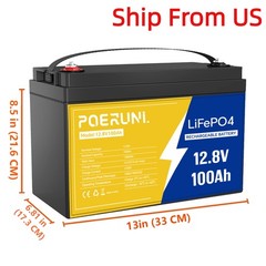 POERUNI 100Ah 12V 1280Wh LiFePO4 Lithium Battery Built-in BMS backup For RV Cars
