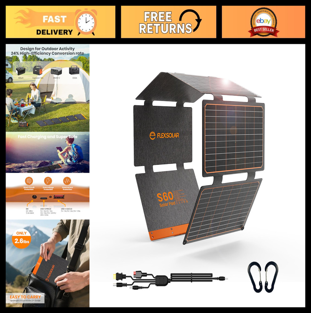 60W Foldable Solar Panel Charger – Portable USB-C/USB-A QC3.0, IP67 Waterproof f