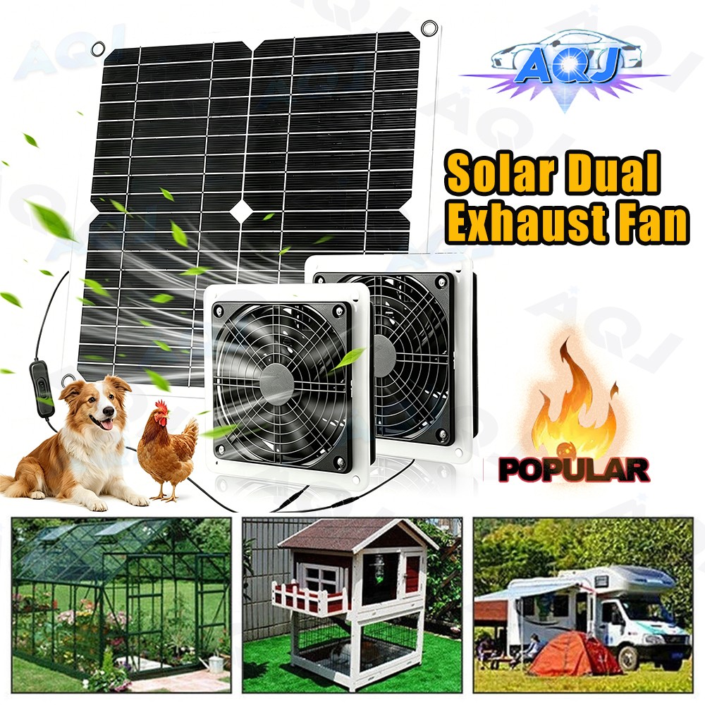 Solar Powered Fan Kit 25W Solar Panel Waterproof 2 Exhaust Fan for Chicken Coop