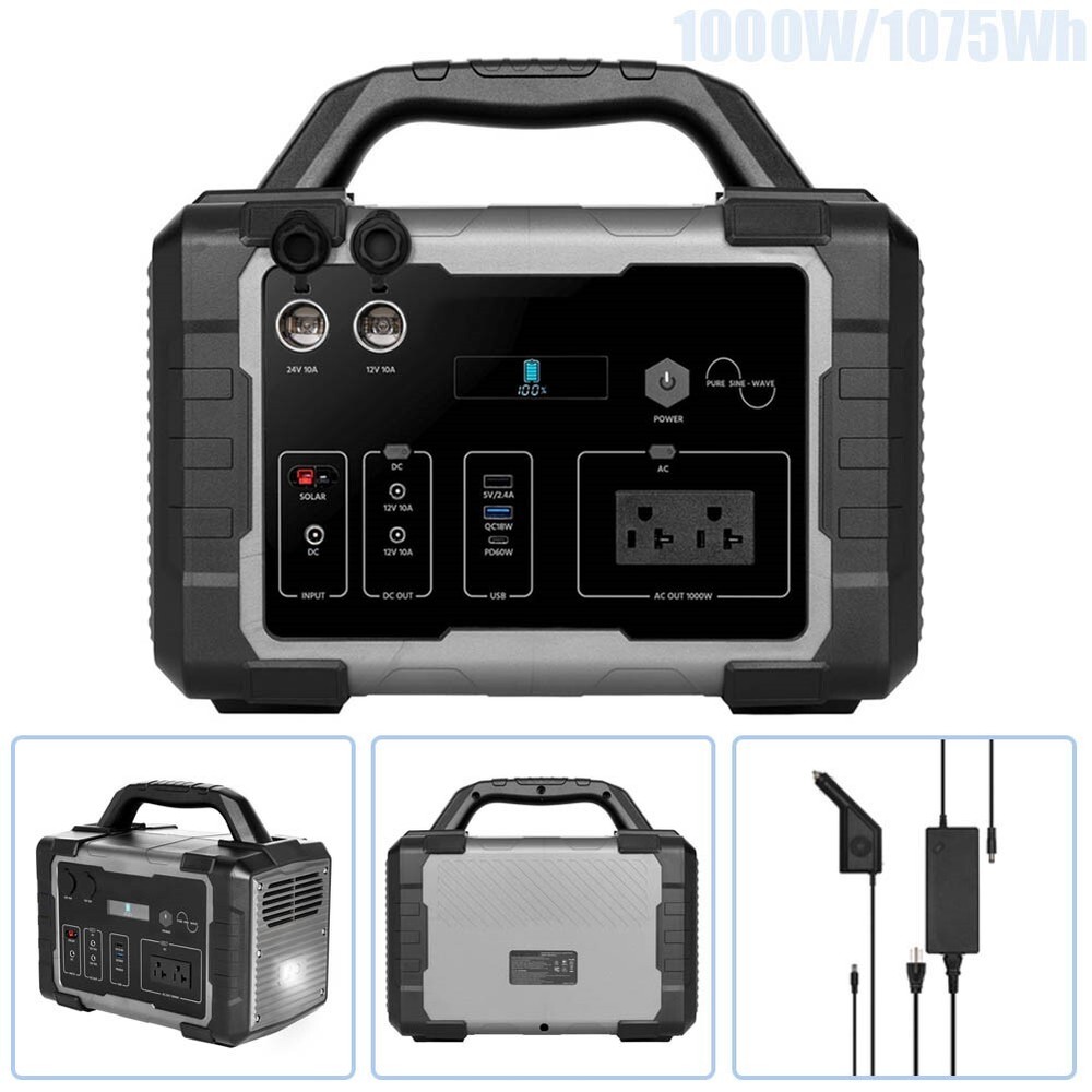 Portable Outdoor Power Station 1000W/1075Wh Lithium Battery Camping Black & Grey