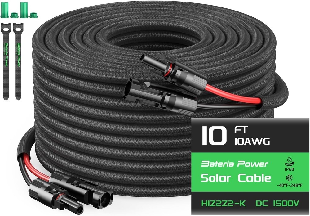 10FT Twin Wire Solar Panel Extension Cable 10 Gauge PV Wire with IP68 Female &