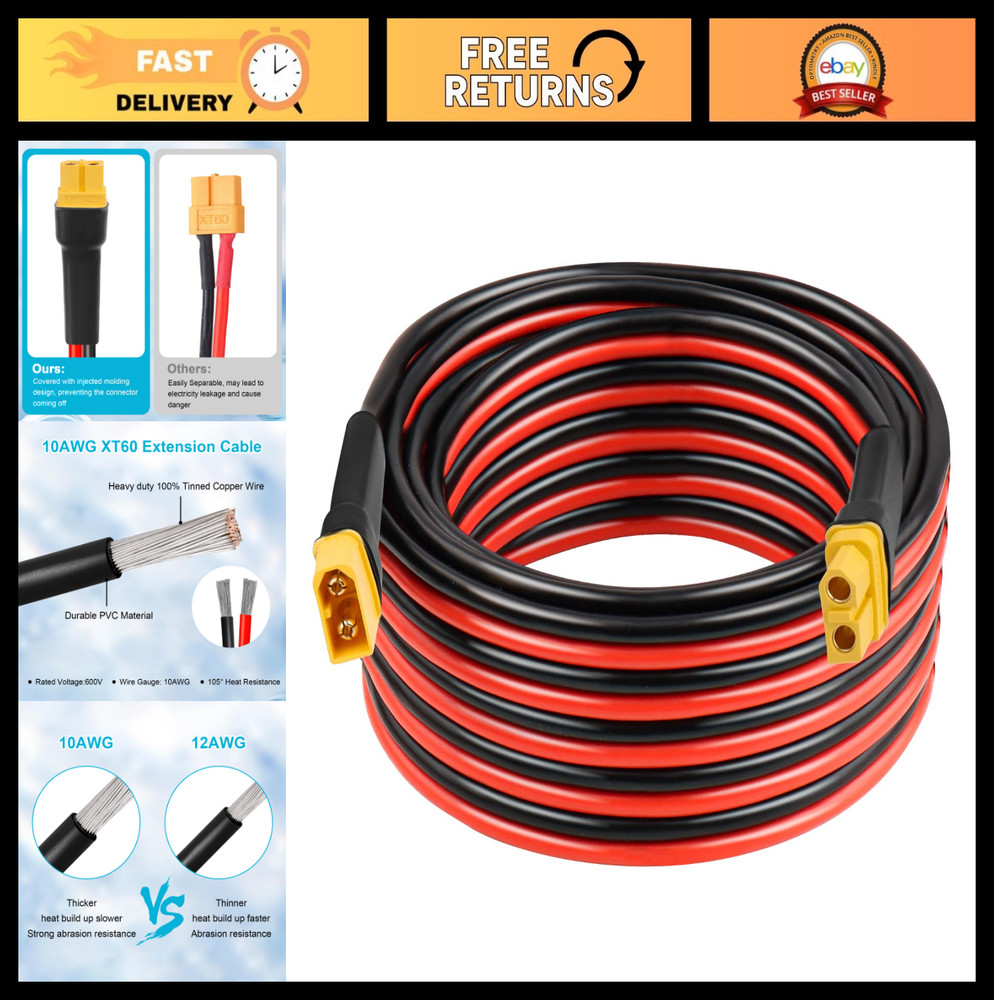 20FT XT60 Extension Cable 10AWG – Male to Female Connector for Solar, RC, Power
