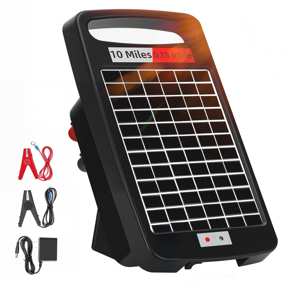 10 Miles Solar Powered Electric Fence Charger – 0.18J Output, 24/7 Day/Night Pro