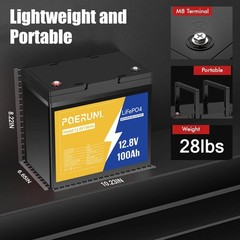 POERUNI 12V 100Ah LiFePO4 Deep Cycle 15000+ Lithium Battery Built-in BMS For RV