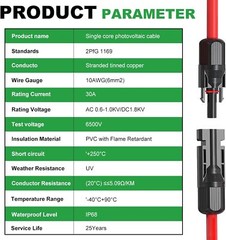 10 AWG 6mm² Solar Panel Extension Cable PV Wire Solar Connector Pair Black & Red