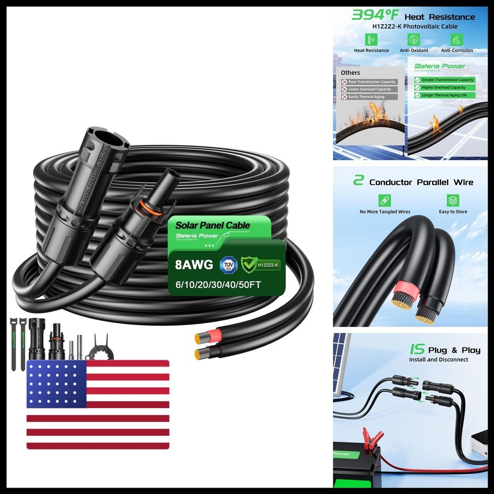 Bateria Power 30 Feet 8AWG Solar Panel Extension Cable, 10mm Twin Wire
