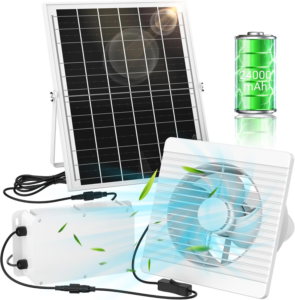 25W Solar Exhaust Fan with Battery for Chicken Coops, Greenhouses & Sheds | 9.8″