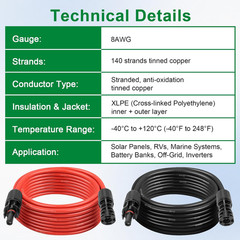 Solar Extension Cable 8AWG 30FT 2-Pack , PV Wire with Male/Female Solar