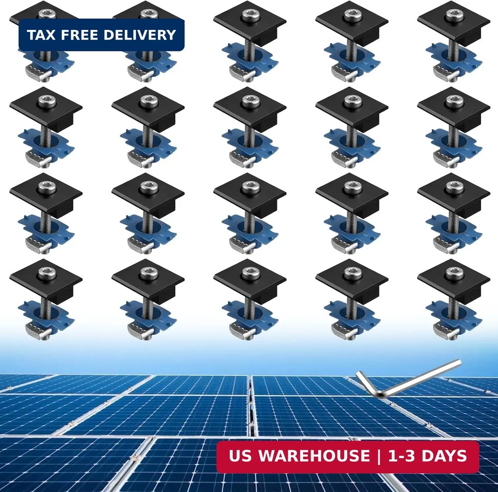 20pcs Solar Panels Mid Clamps for Unistrut, 30mm/35mm, Black | Aluminium S