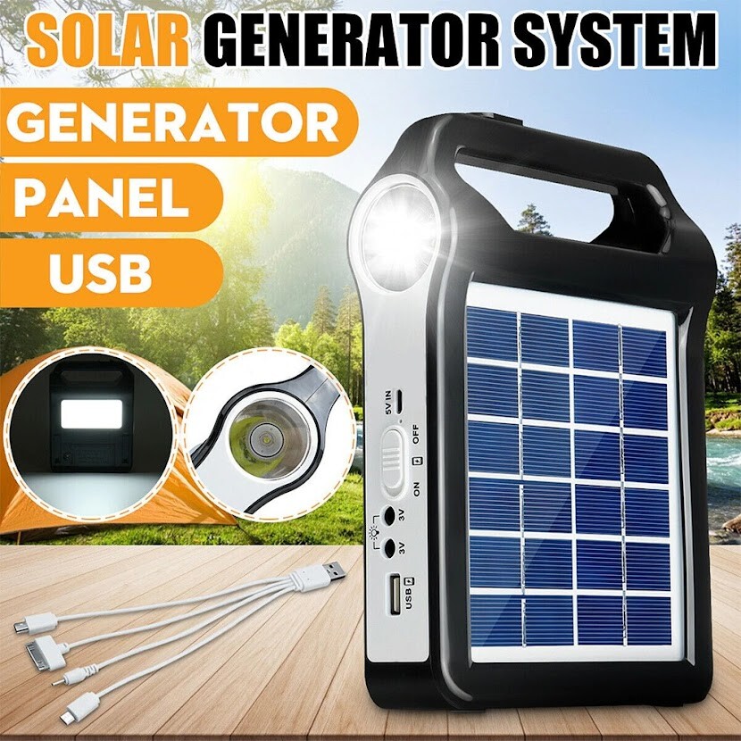 Portable Rechargeable Solar Panel Power Generator System USB Charger With Lamp