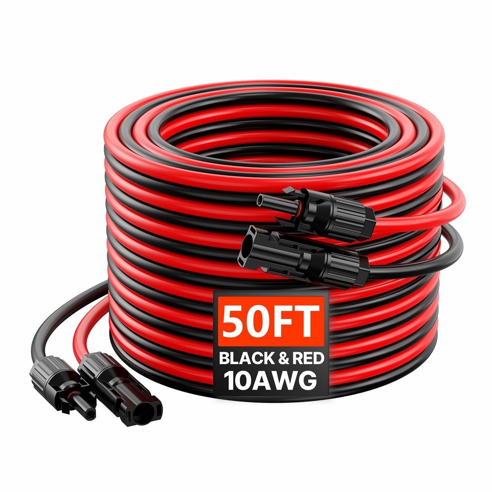 50FT Solar Panel Extension Cable 10AWG with Waterproof Connectors for RV, Home,