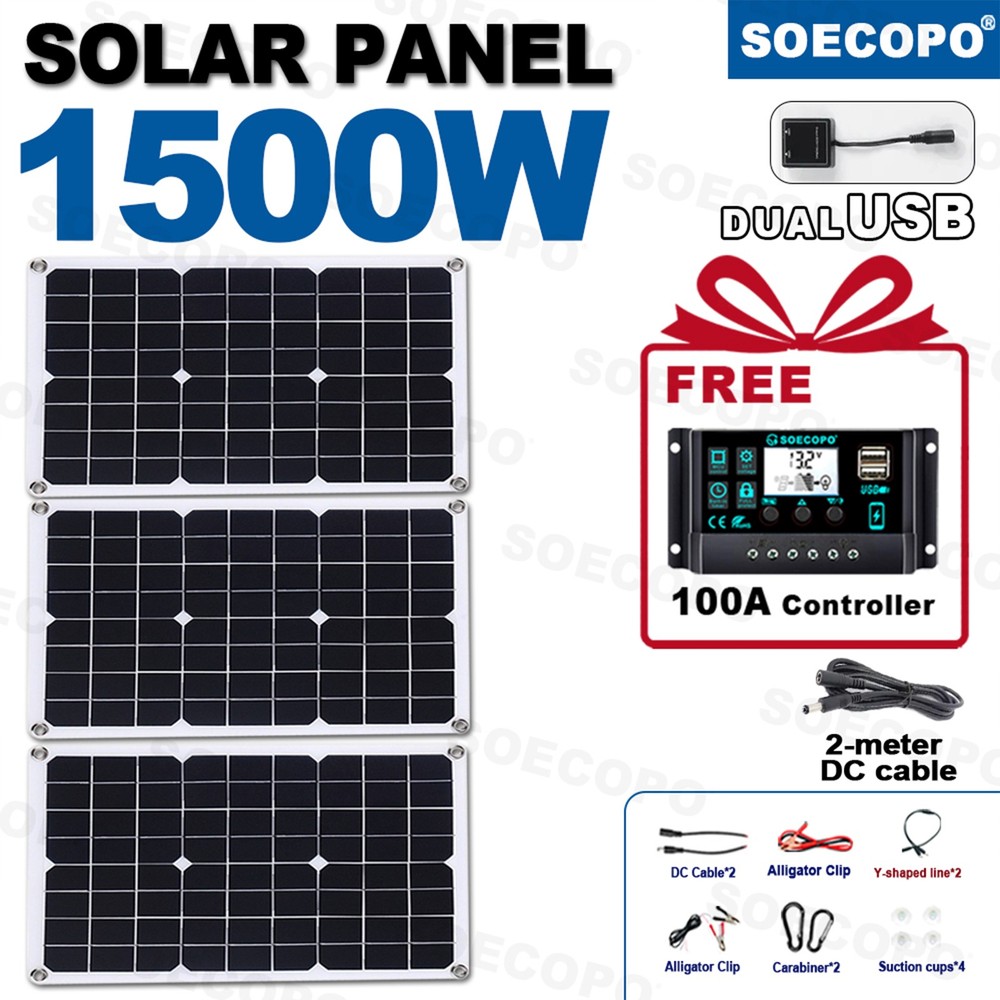 1500W Solar Panel Kit – 3 x 500W+100A Controller+Extension Cord+ lligator Clip