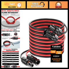 50FT Solar Panel Extension Cable 12AWG with Waterproof Connectors for RV & PV Sy