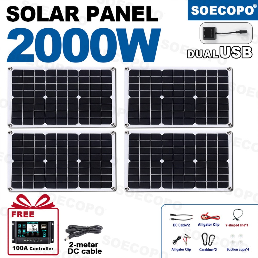 600W 4x500W Solar Panels-100A Controller+Y-Cable+Suction Cups for Outdoor Power