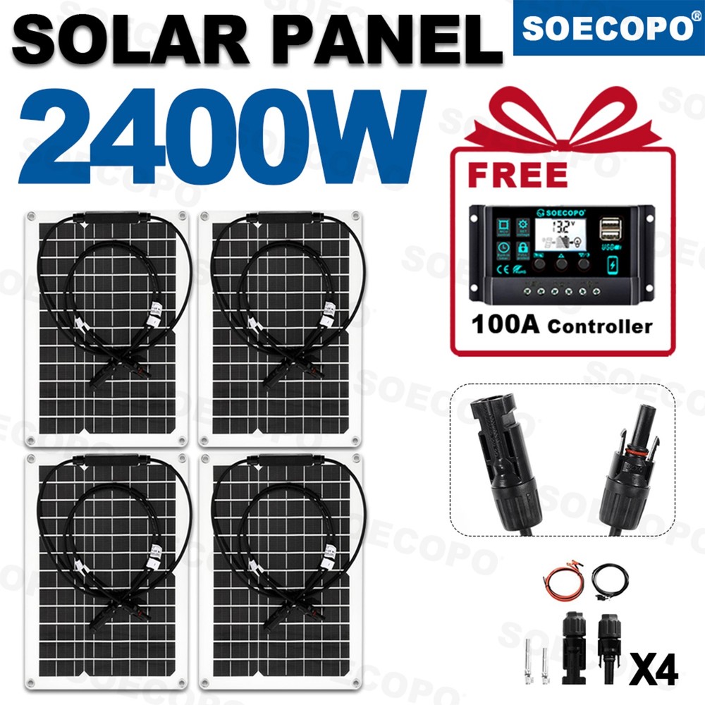 2400W Solar Panels – 4 x 600W Flexible + 100A Controller with Accessories