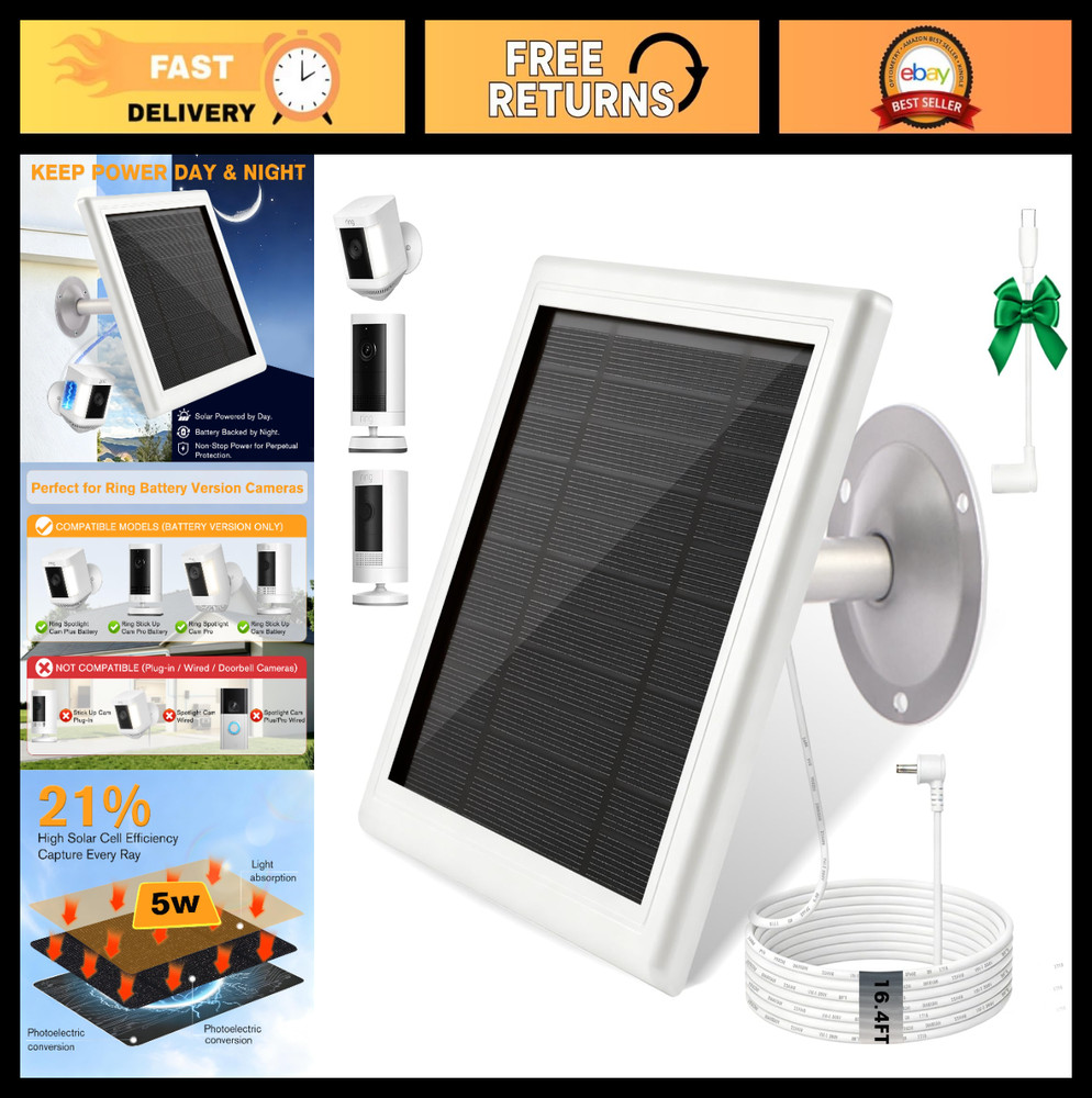 5W Solar Charger for Ring Stick Up Cam & Spotlight Cam – Waterproof, 16.4ft Cabl
