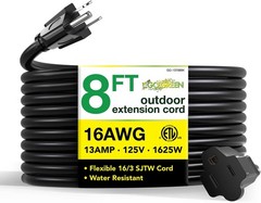 Go Green Power Inc. (GG-13708BK) 16/3 SJTW Outdoor Extension Cord, Black, 8 ft