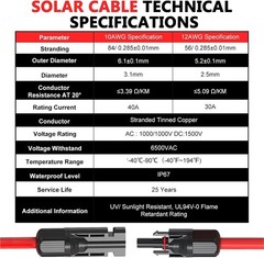 Waterproof 10AWG Solar Cable – 2x30ft Extension Cord