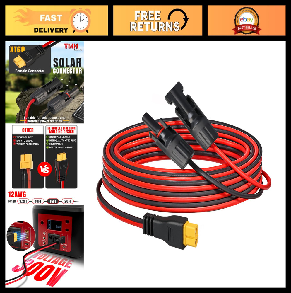 15Ft Solar Charge Extension Cable 12AWG, XT60 Adapter for Solar Panel & Power St