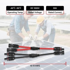 4 Pairs Y Branch Solar Connectors 1 to 2 Parallel PV Adapters 30A Cable Kit 14-1