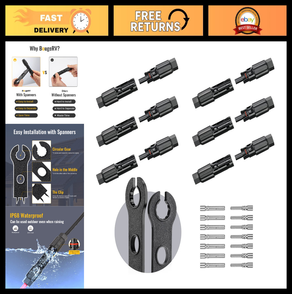 12 PCS Solar Panel Cable Connectors Kit – IP68 Waterproof, 6 Pairs Male/Female,