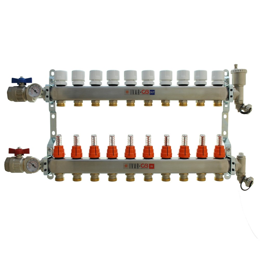 1″ IVAR Stainless Steel Hydronic Manifold for Radiant Floor Heating – 10 ports