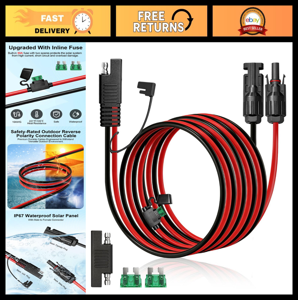 SAE Adapter Cable for Solar Panels – 1FT/2FT/10FT/20FT 10AWG Extension with Fuse