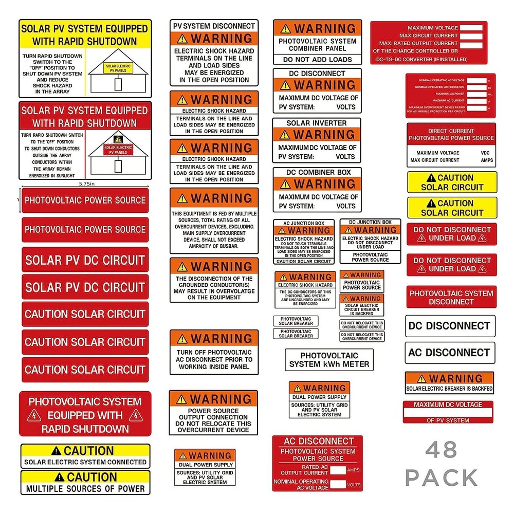 48 Pack PV Solar System Install Label Kit,Photovoltaic Safety Stickers,Photov…
