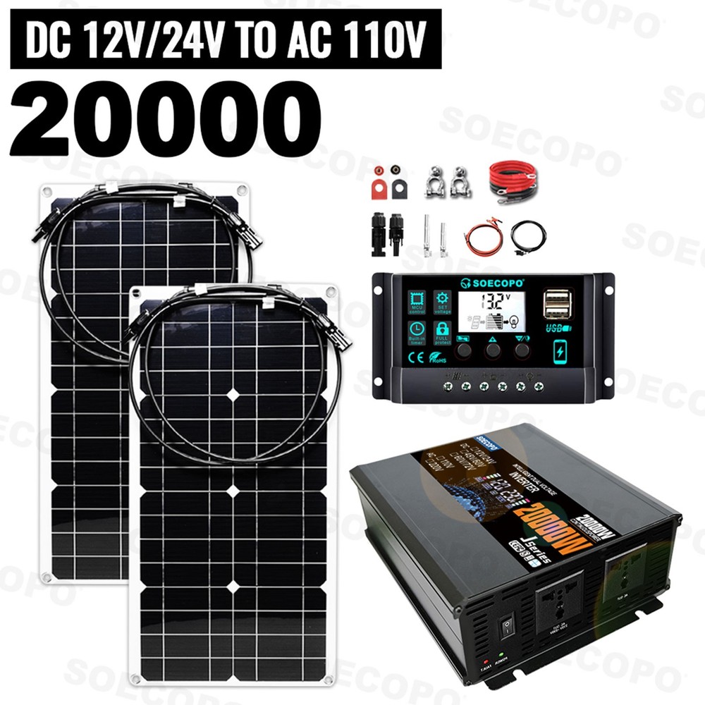 20000W Peak Solar System Kit 2pcs Flexible Panel DC12V/24V AC110V 220V Inverter