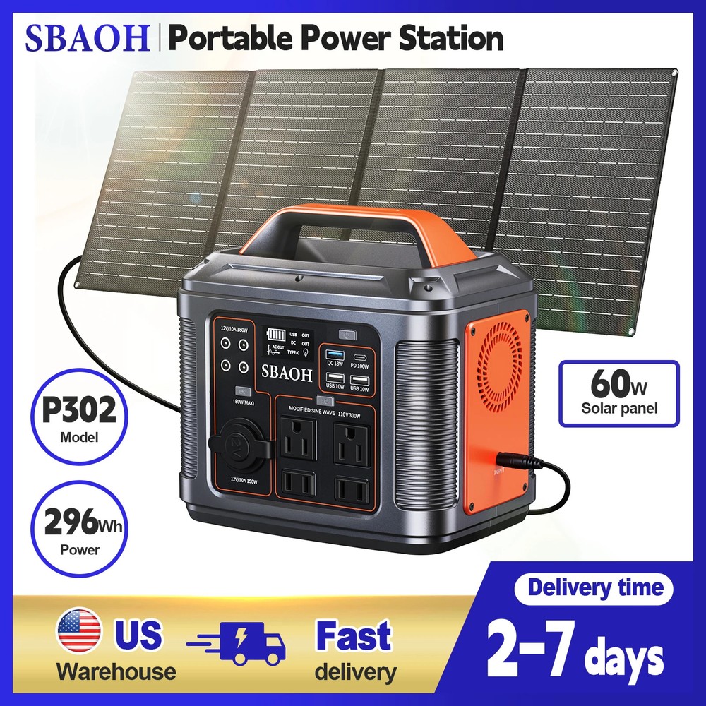 300W Portable Power Station 296Wh 80000mAh Solar Generator with Solar Panel