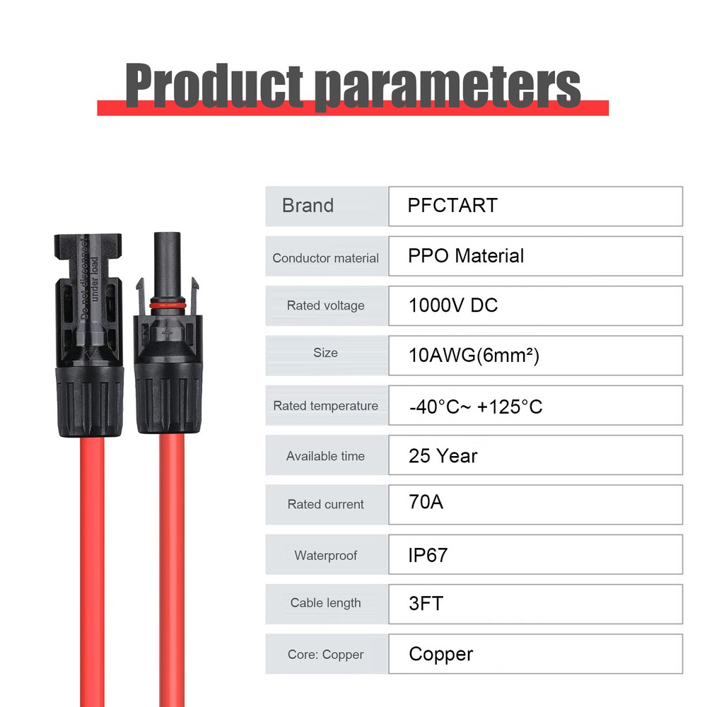 10AWG 6mm² Solar Panel Wire Black&Red Extension Cable with Female&Male Connector