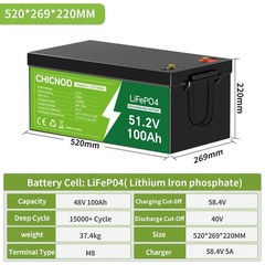 48V 100Ah LiFePO4 Battery 2560Wh with Bluetooth BMS Rechargeable Deep Cycle​
