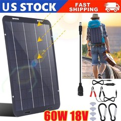 60W 18V Solar Panel with USB DC Output for 12V Car Battery w/Cable Clips 13x9in