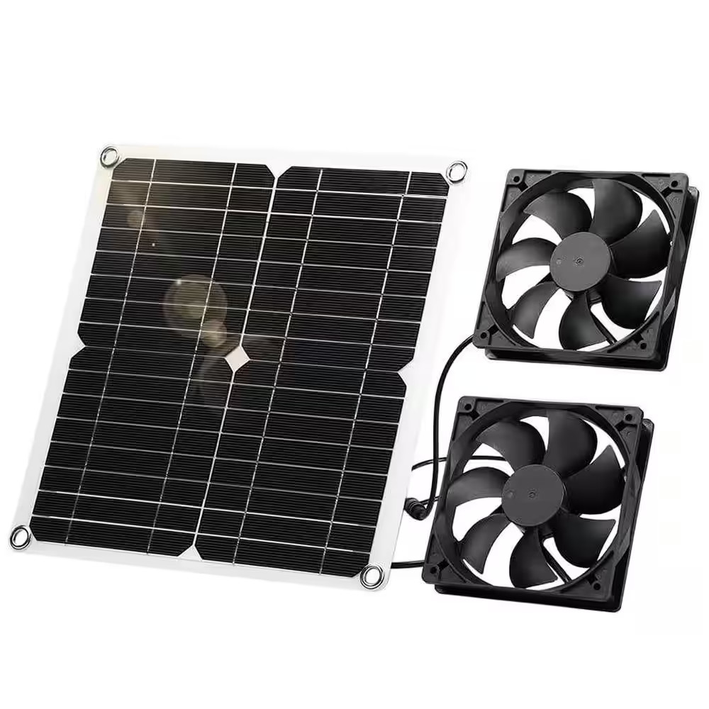 12W Solar Panel Fan Kit with Dual DC Fan for Greenhouses, Chicken Coops, Sheds,