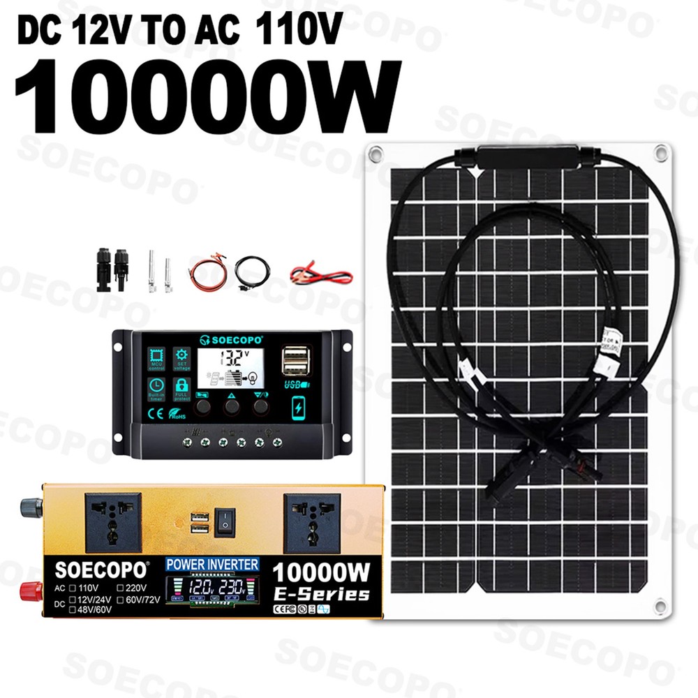 10000W Solar Power System Kit, 12V24V to 110V/220V Inverter Flexible Panel