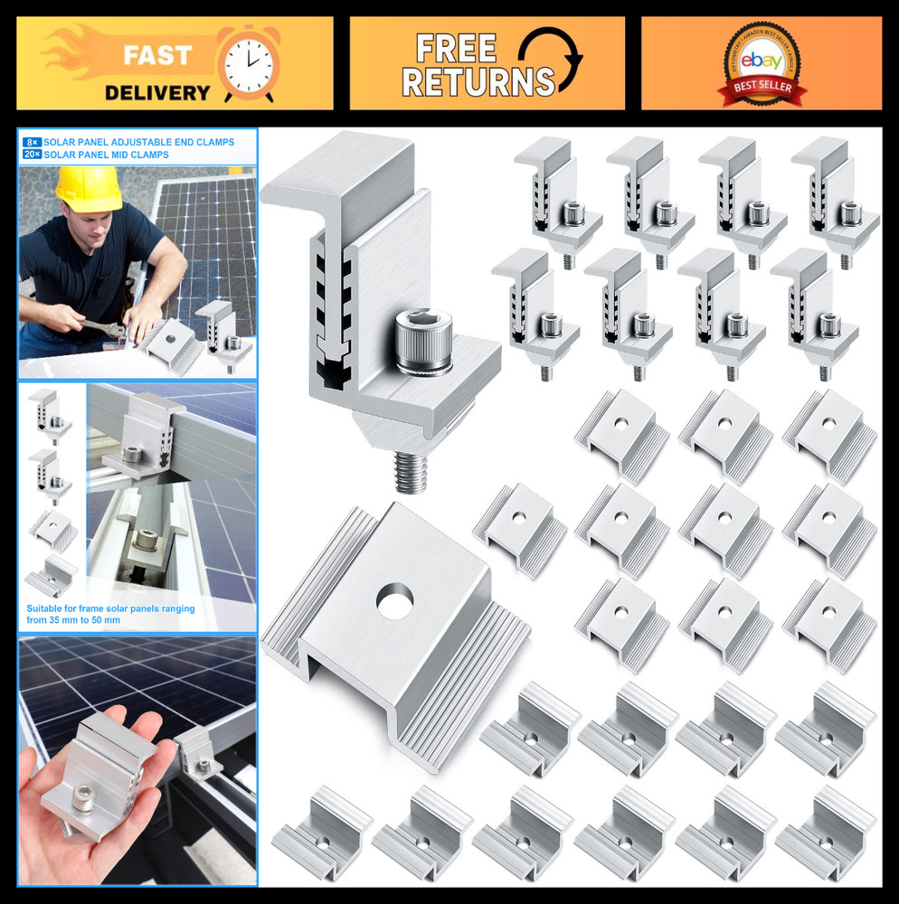 Adjustable Solar Panel Bracket Set – 28 Aluminum Mid Clamps for 32-50mm Mounting