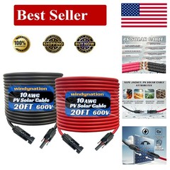10 Gauge 40A Weatherproof Solar Cable – 20ft Black & Red Pair with MC4 Connec…