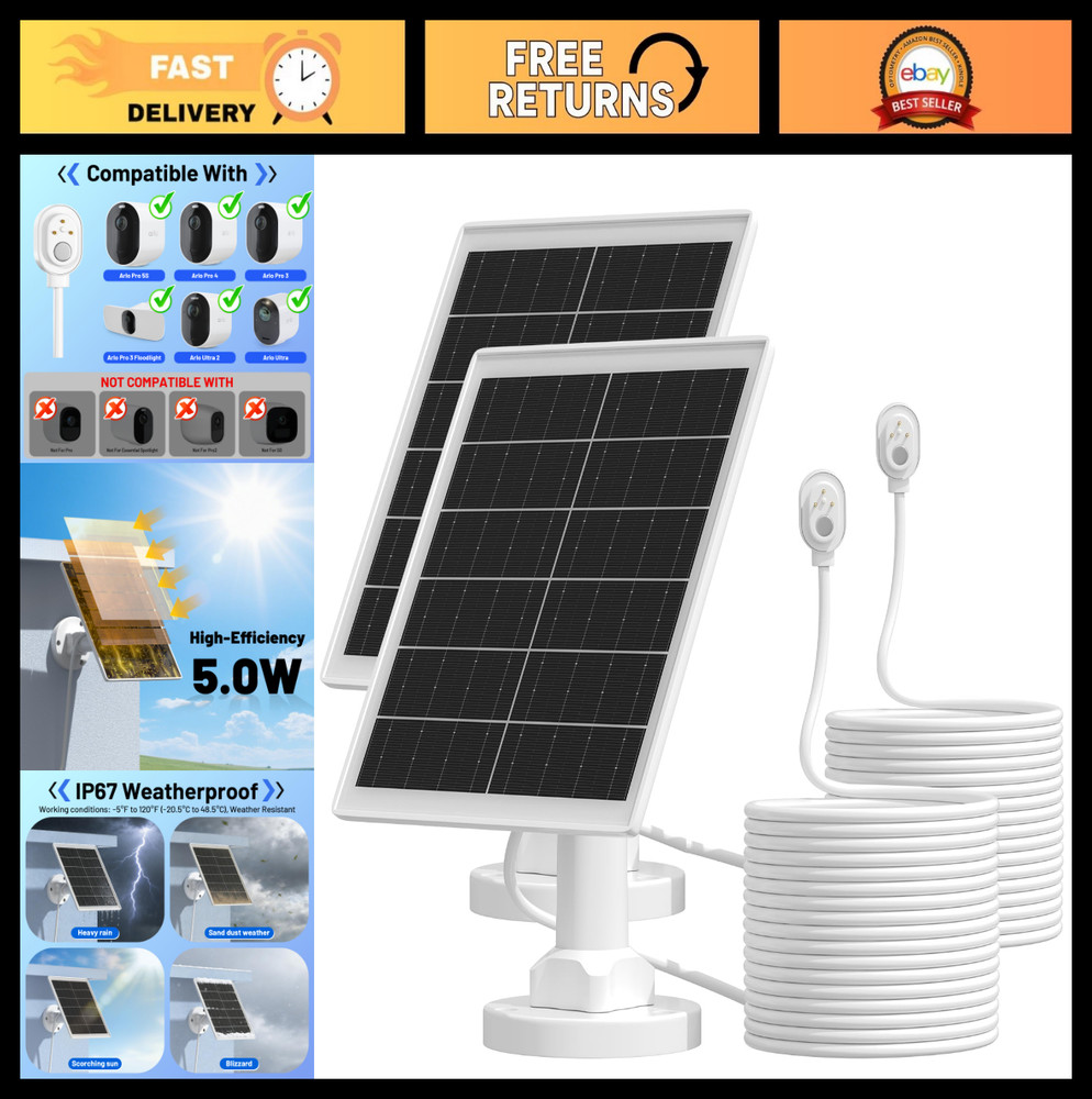 5W Solar Panel Charger for Arlo Cameras – 2 Pack with 13.1ft Waterproof Cable &