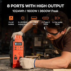 Portable Power Station 1600W (Peak 3200W), Built-In Solar Panel, 1024Wh Lifepo4