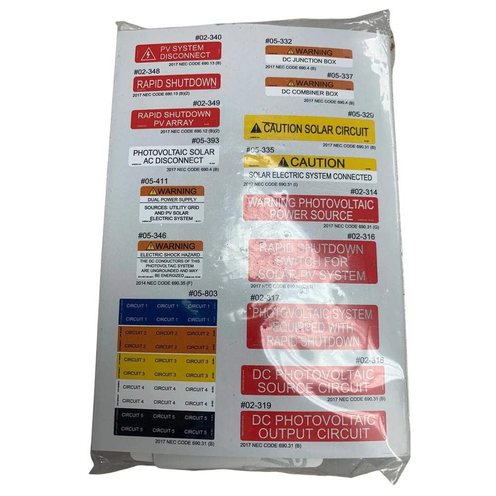New In Package 55 Piece Ansi Assortment Pack 2017 NEC PV Solar Labels 05-517