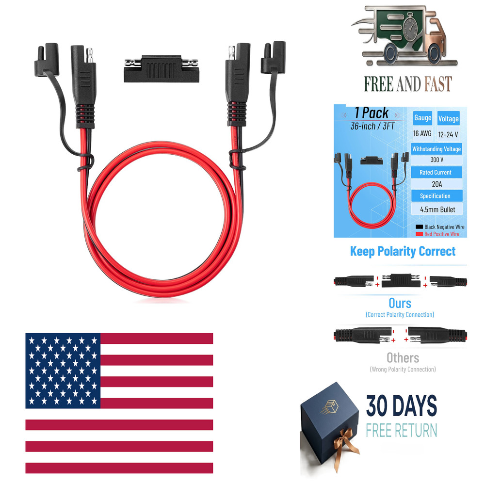 Bates- SAE to SAE Extension Cable, 3 FT, 16 AWG, SAE 2-Pin Quick Connect
