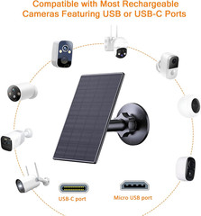 2W Solar Panel for Security Cameras with USB and USB-C Port, 2 Pack | Solar Char
