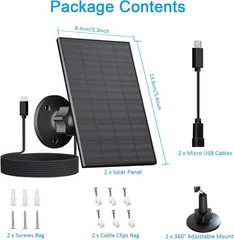 Solar Panel for Security Camera, 2 Pack 2W Solar Charger with Micro USB & USB-C